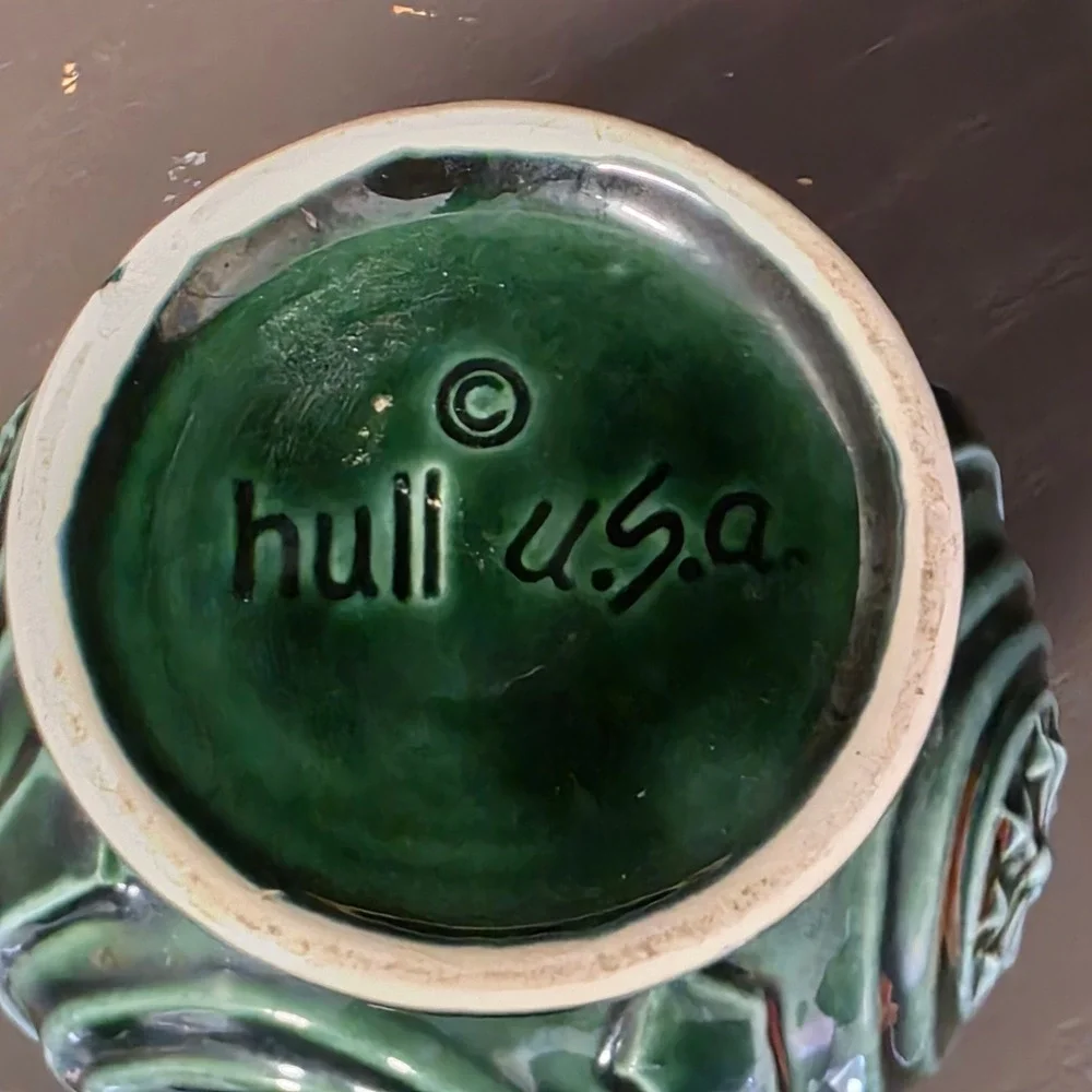 Vintage Hull USA Pottery Green Drip Glaze Embossed Medallion Footed Planter Vase